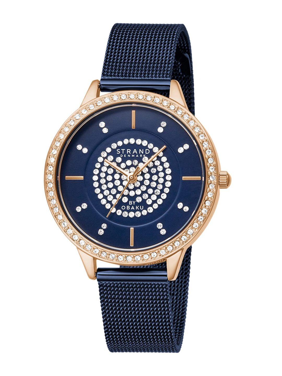 strand by obaku women blue brass embellished dial & blue straps analogue watch s711lxvlml