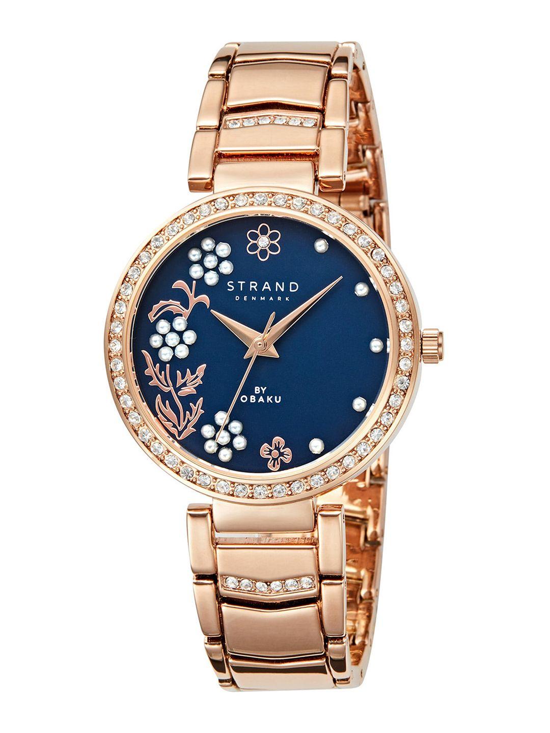 strand by obaku women blue brass embellished dial & rose gold toned stainless steel bracelet style straps watch