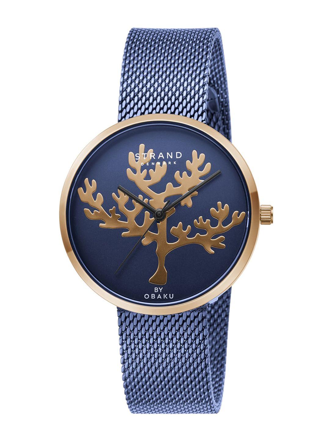 strand by obaku women blue brass printed dial & blue straps analogue watch s700lxvlml-dcr