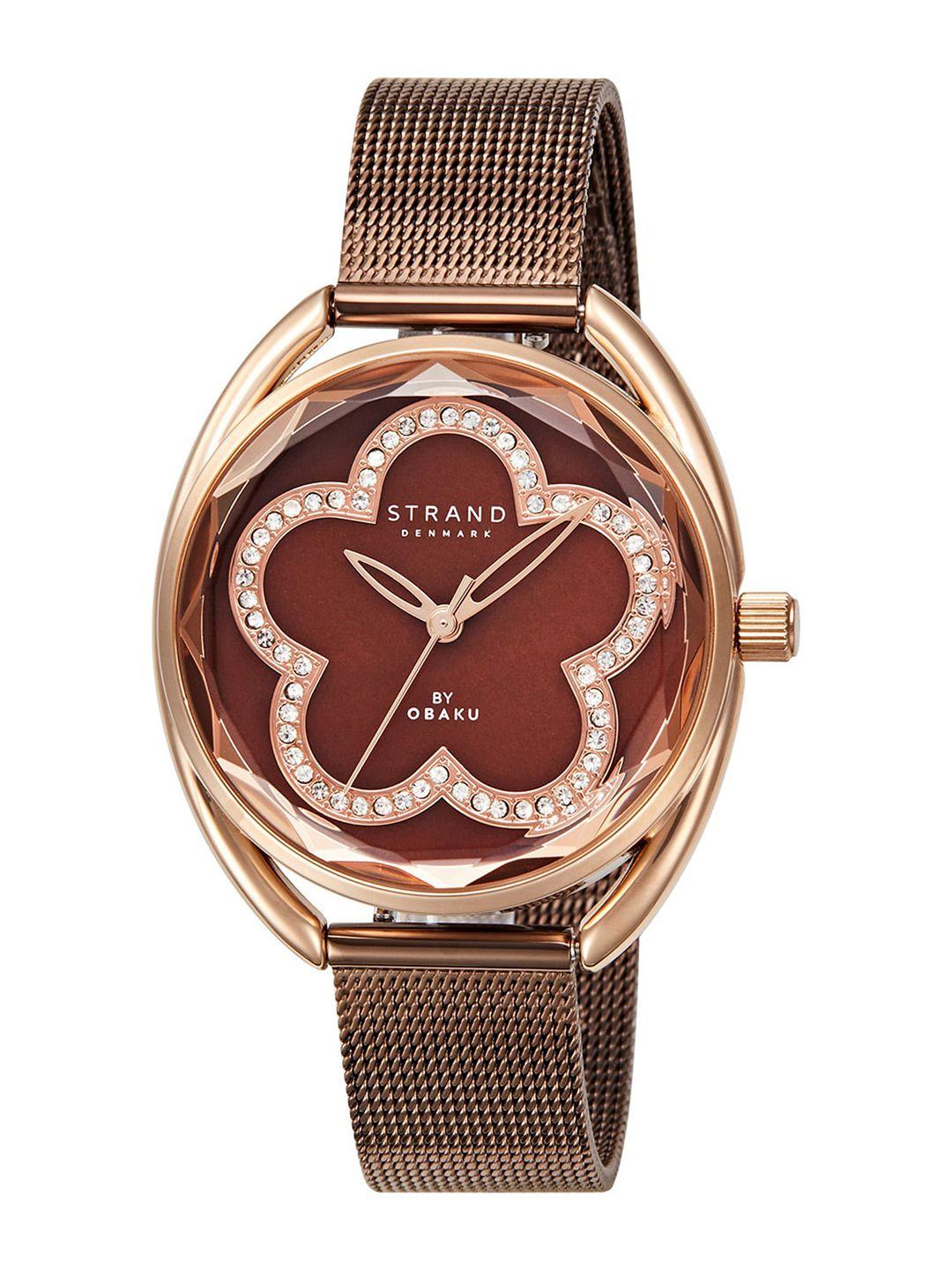 strand by obaku women brown brass embellished dial & brown stainless steel bracelet style straps analogue watch s734lxvnmn