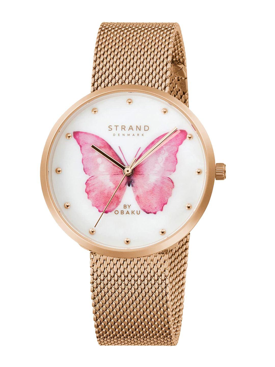 strand by obaku women white brass dial & rose gold toned straps watch s700lxvwmv-dbp