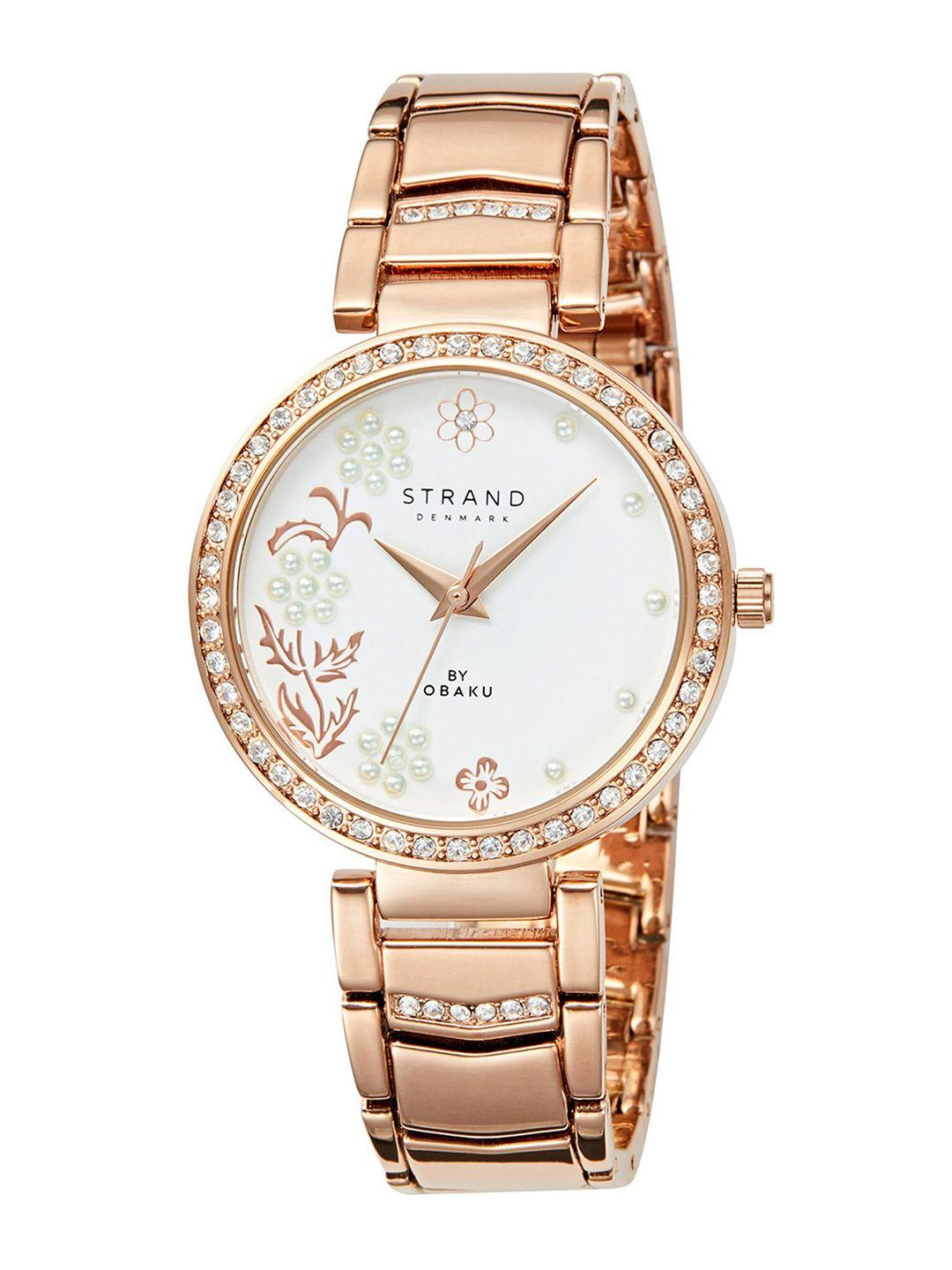strand by obaku women white dial & rose gold toned bracelet style straps watch