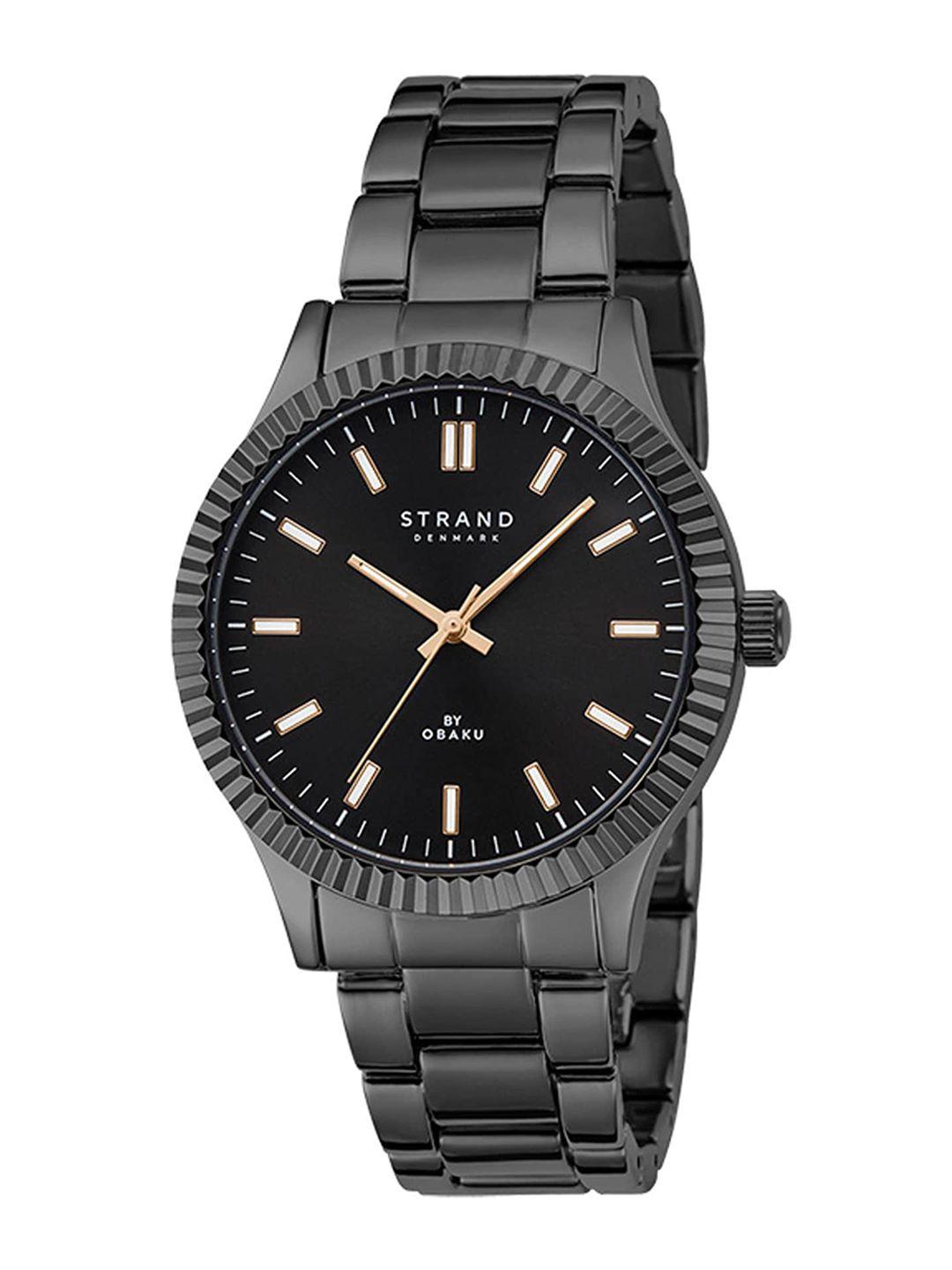 strand by obaku men black brass embellished dial & black stainless steel bracelet style straps analogue watch s726gxbbsb-ds