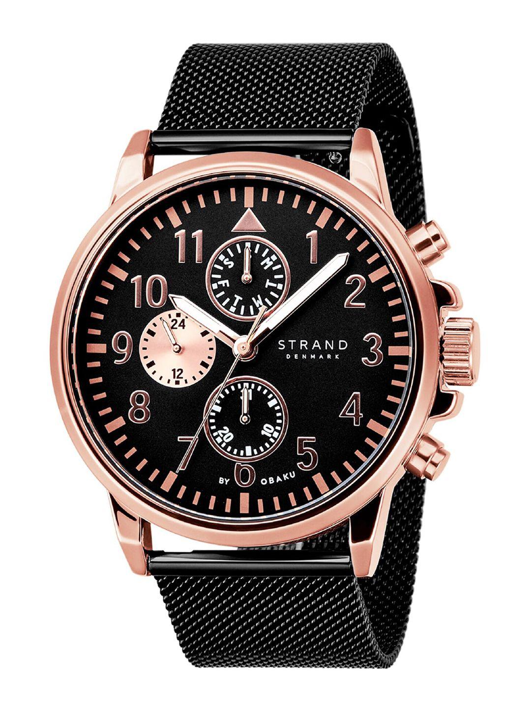 strand by obaku men black brass printed dial & black straps analogue watch s714gmvbmb