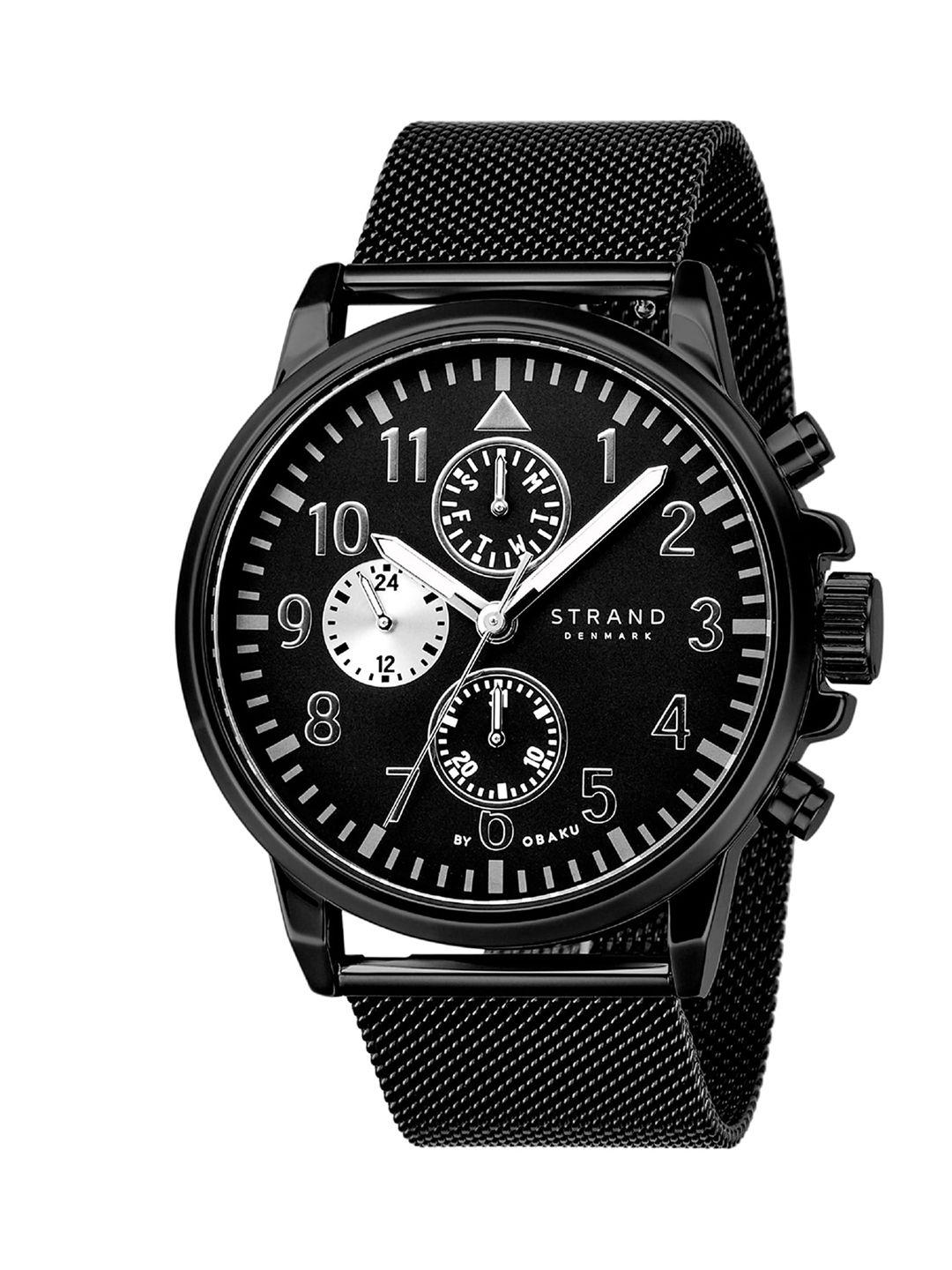 strand by obaku men black printed brass dial & black straps analogue watch s714gmbbmb