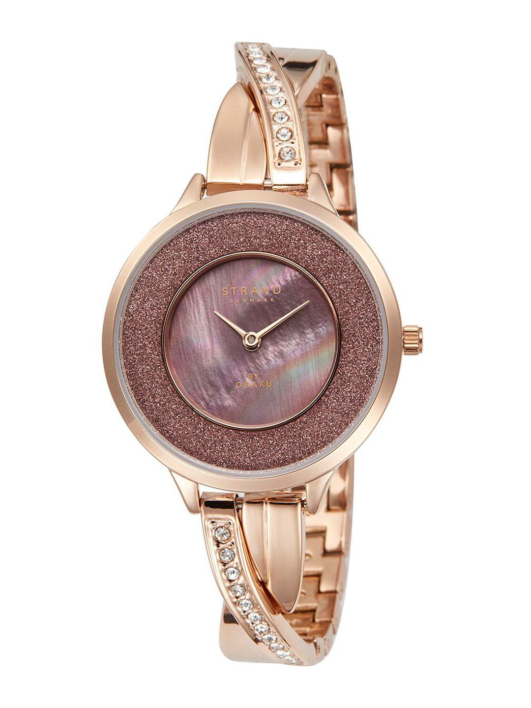 strand by obaku women brown dial & rose gold toned embellished straps watch s730lxxnsv