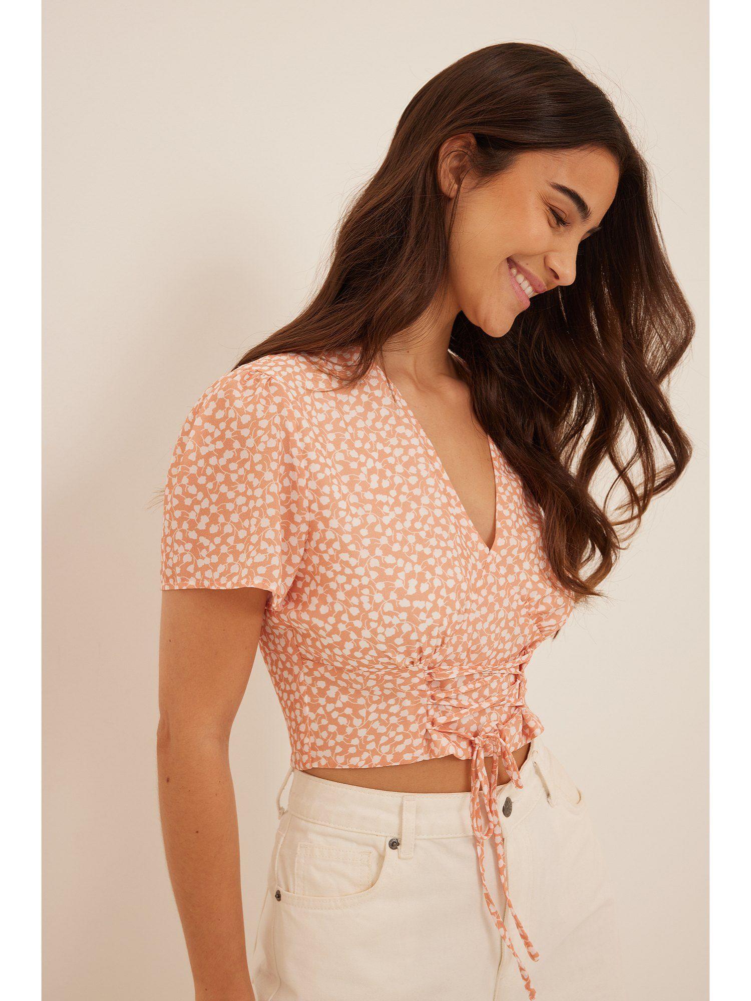 strap detail short sleeve top-orange flower