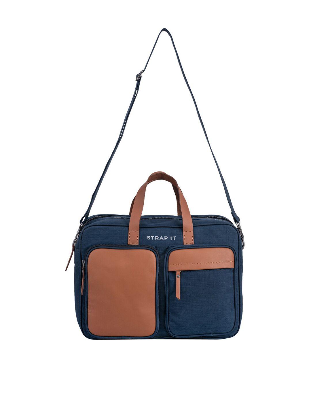 strap it men navy blue & tan brown colourblocked 16 inch water resistant laptop bag