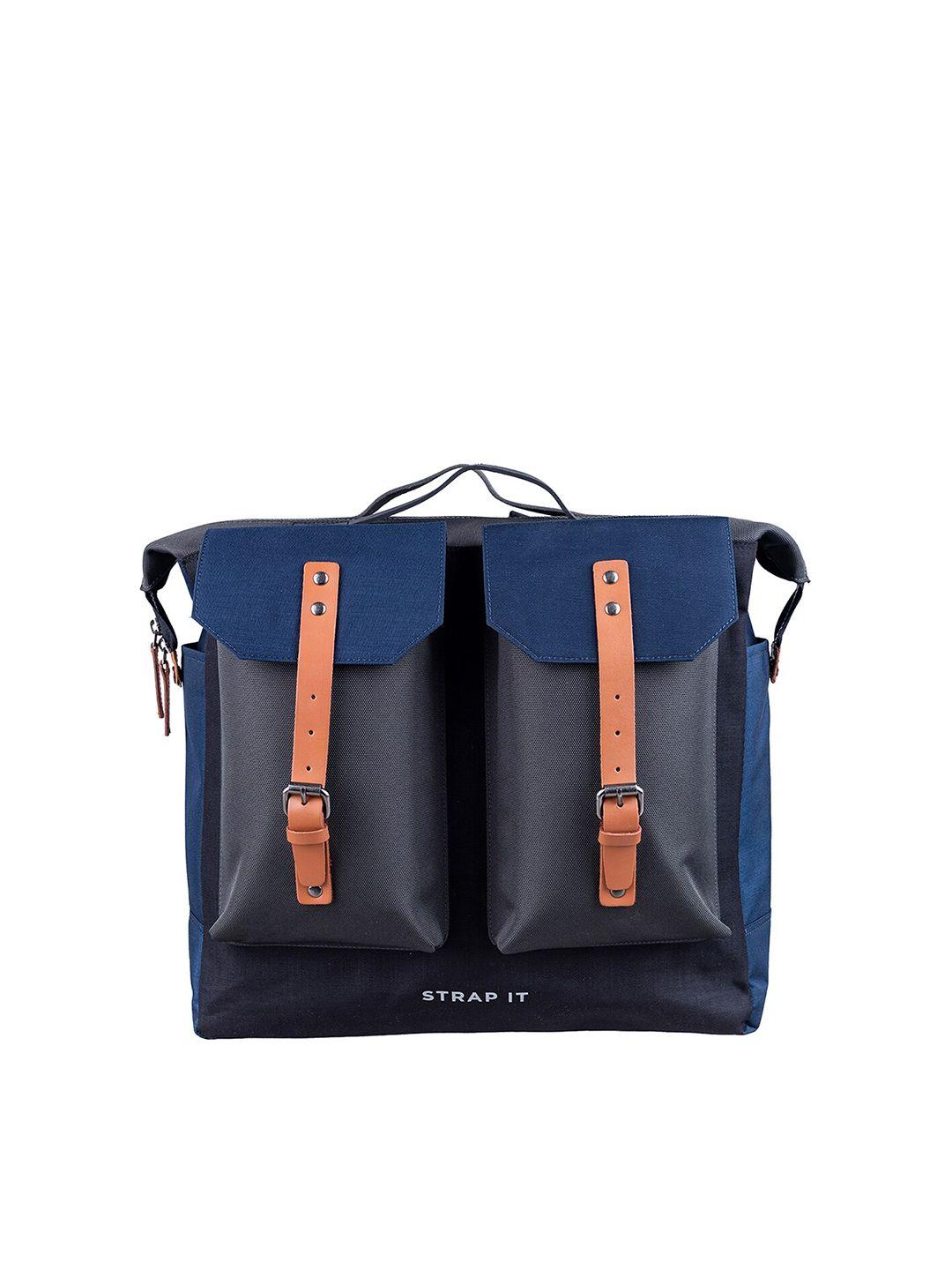 strap it unisex blue & black leather backpack with shoe pocket