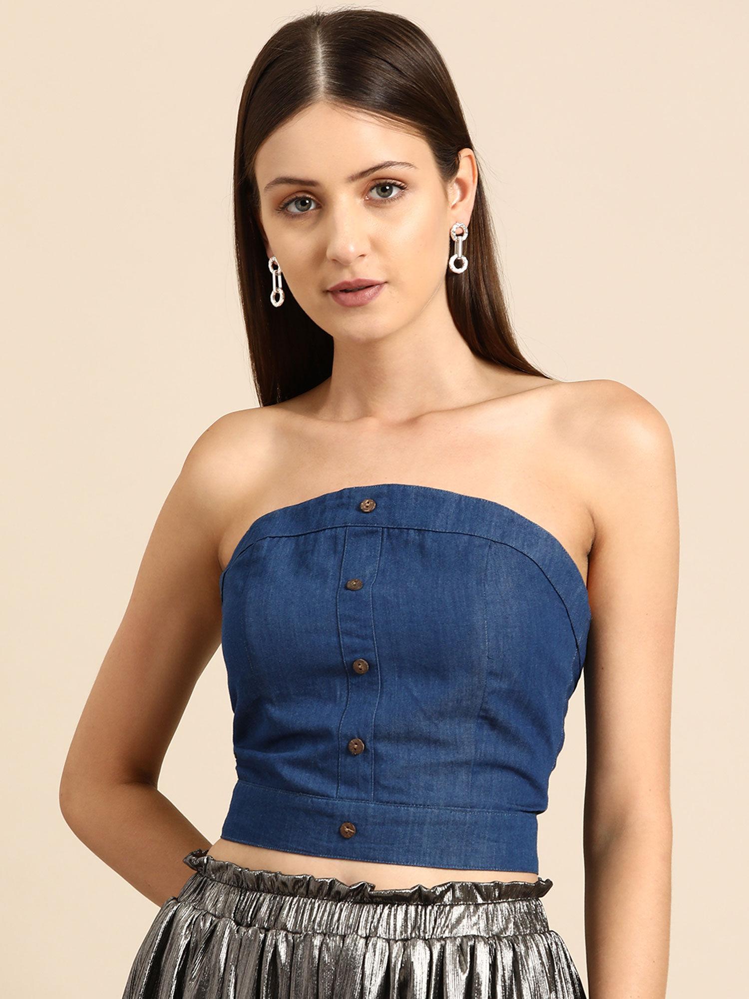 strapless denim tube crop top