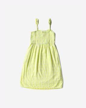 strappy checked a-line dress with smocked yoke