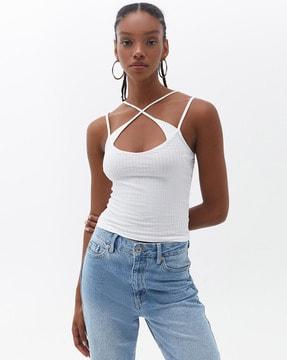 strappy pointelle-knit fitted top