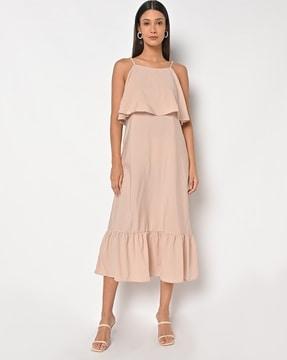 strappy a-line dress with ruffle overlay