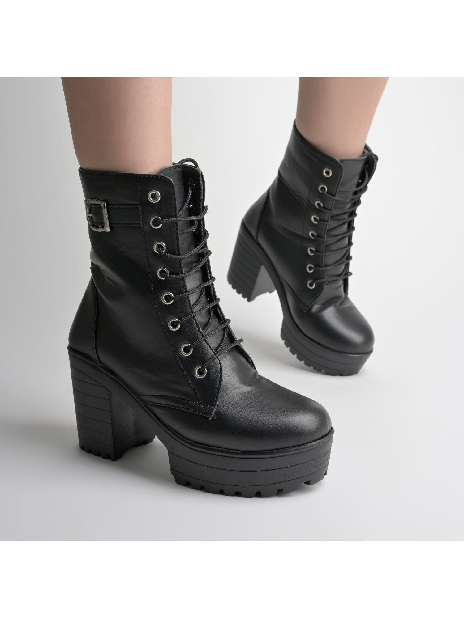 strappy buckle ankle black boots