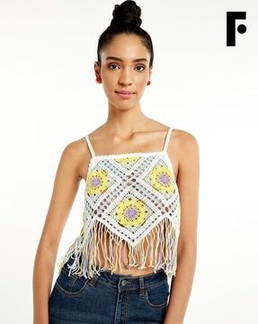 strappy crochet top with tassels