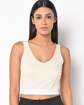 strappy crop t-shirt with contrast logo taping