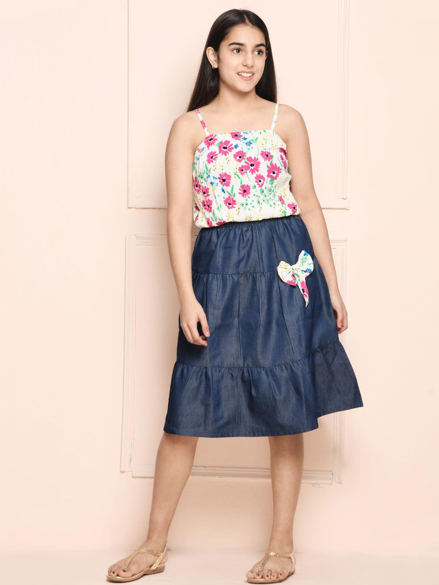 strappy floral top with tiered denim skirt set