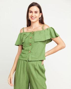 strappy heathered button-down top with ruffled overlay