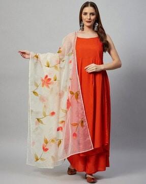 strappy-sleeve a-line kurta with palazzos & dupatta