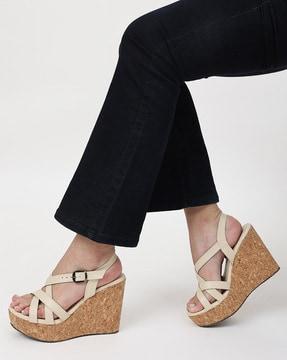 strappy slingback wedges with buckle closure