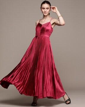strappy solid pleated long flared dress