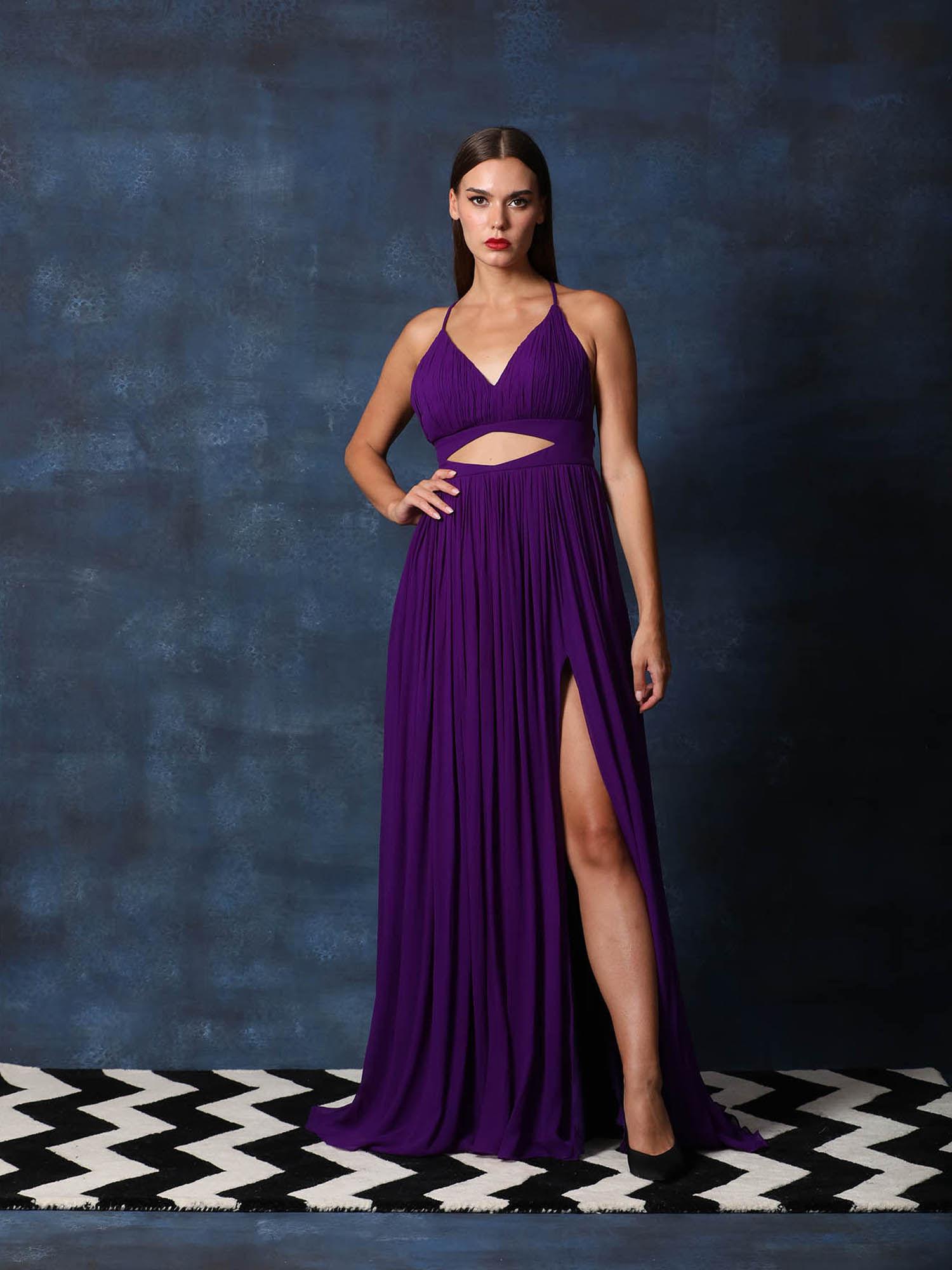 strappy v neck cutout backless gown with slit