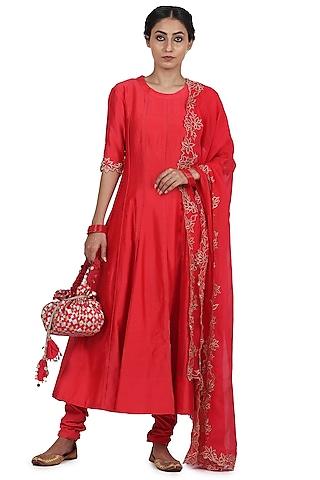 strawberry embroidered anarkali set