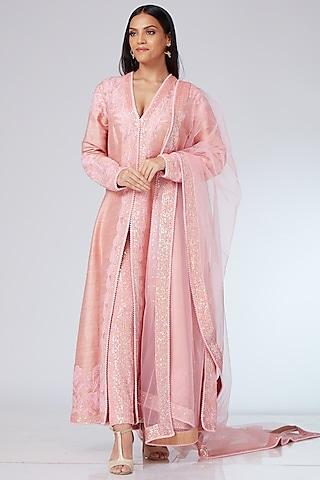 strawberry pink raw silk embroidered jacket kurta set