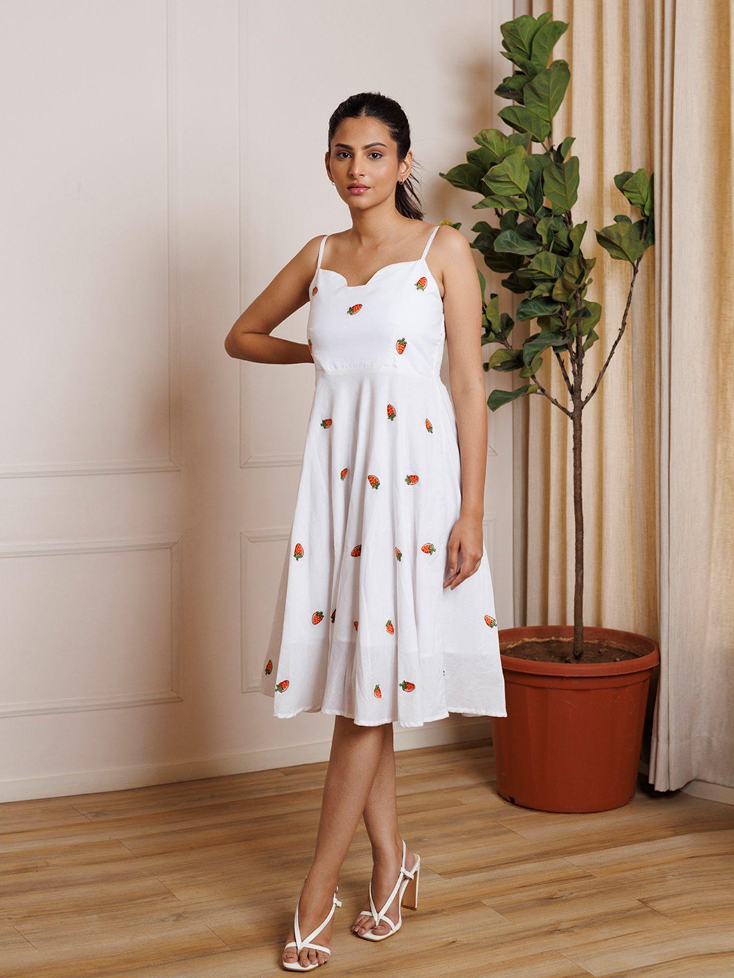 strawberry white printed cotton midi dress