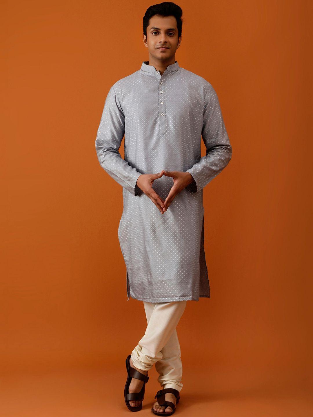 streaks & crosses men grey ethnic motifs regular kurta with churidar