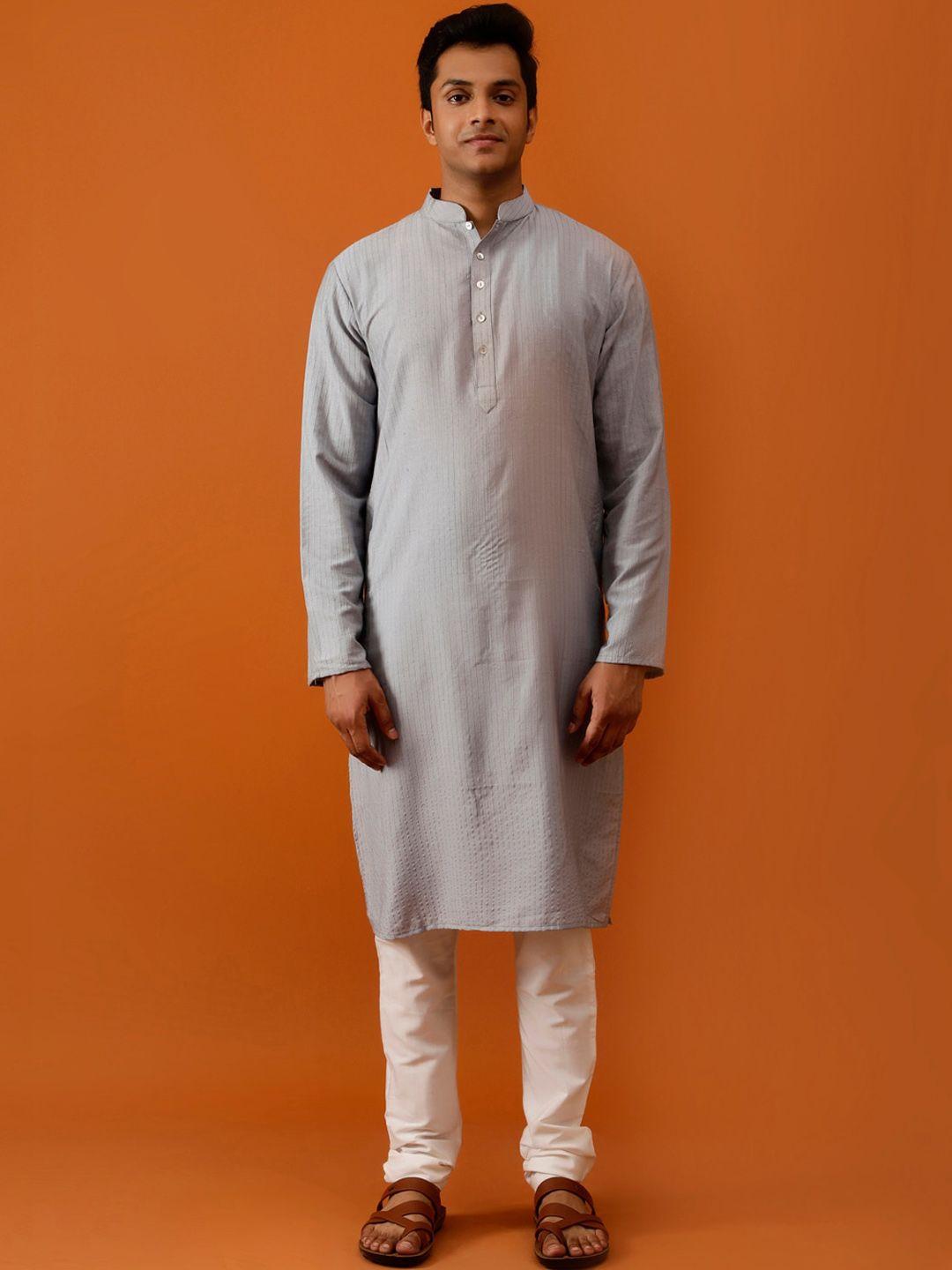 streaks & crosses men grey striped regular kurta with churidar