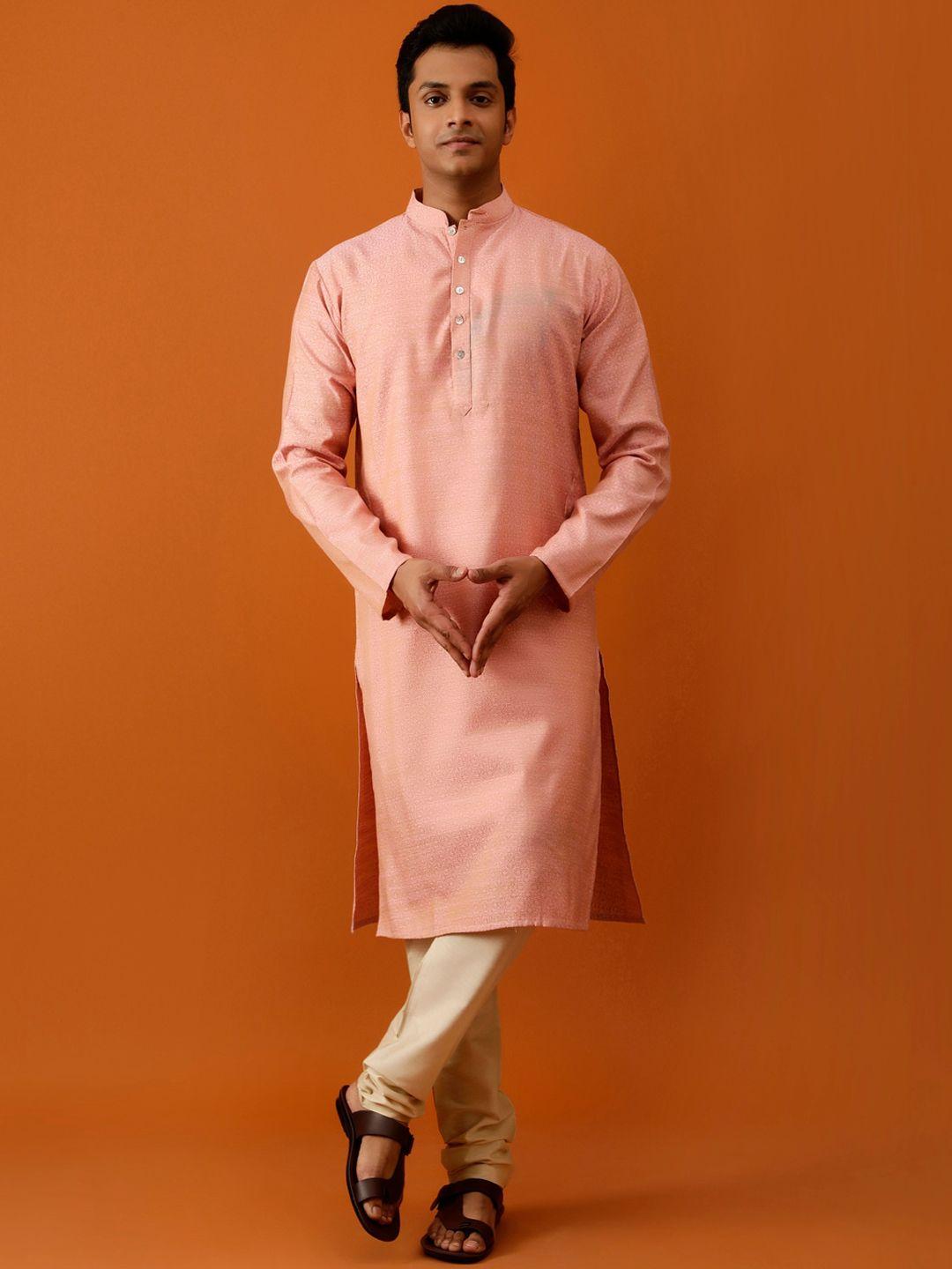 streaks & crosses men peach-coloured ethnic motifs printed regular kurta with churidar