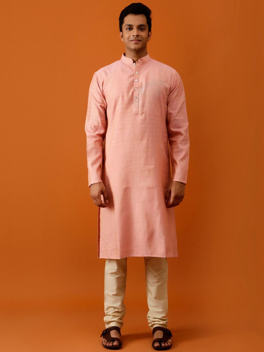 streaks & crosses men peach-coloured ethnic motifs printed regular kurta with churidar
