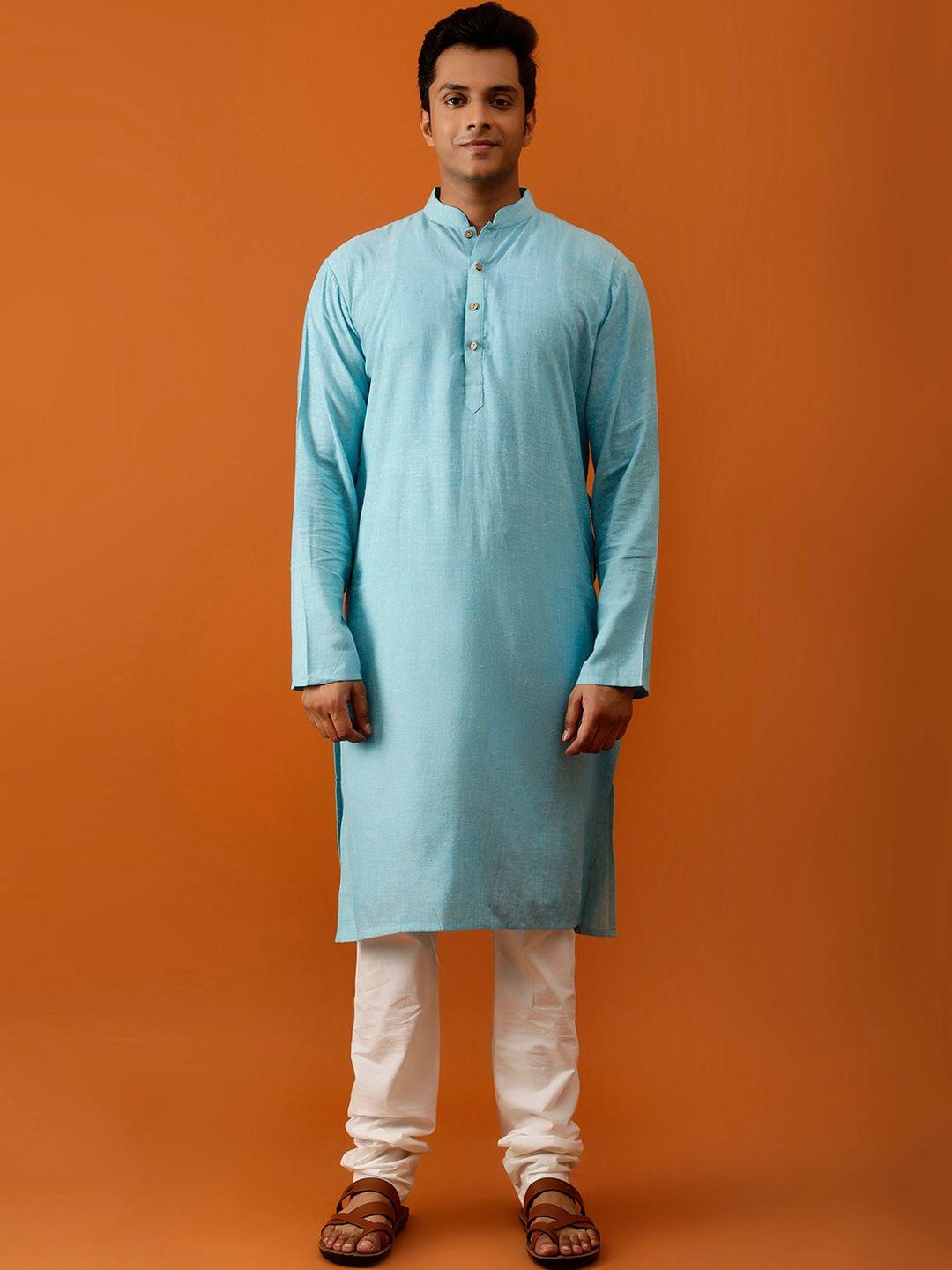 streaks & crosses men turquoise blue regular pure cotton kurta with pyjamas