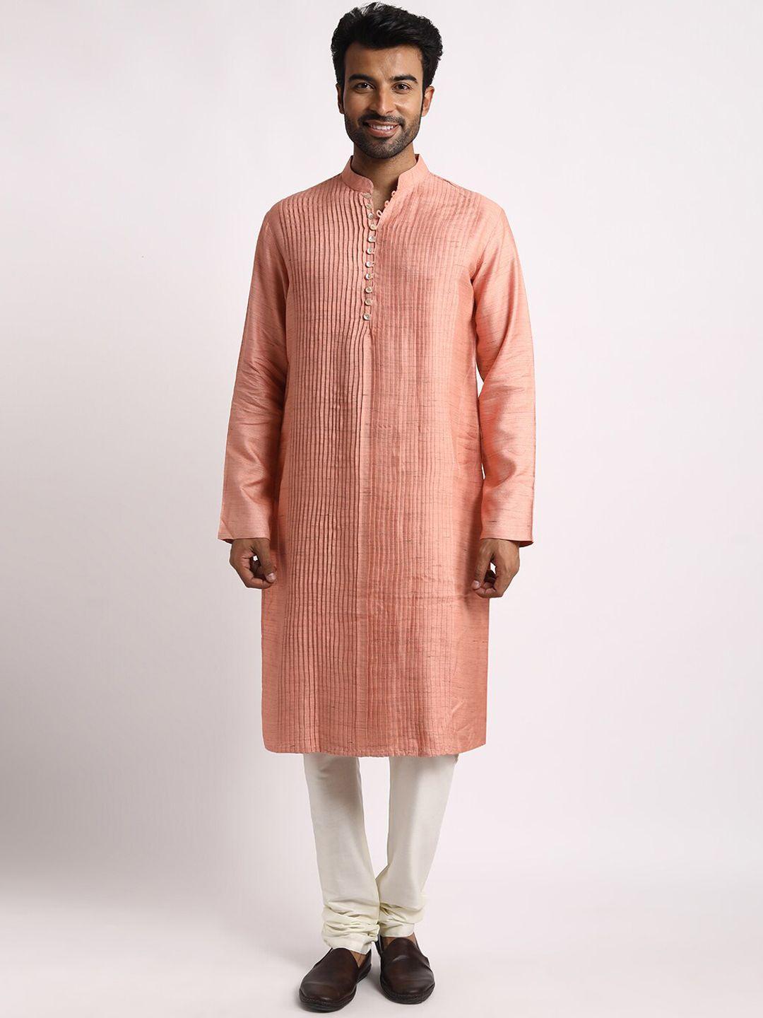 streaks & crosses striped mandarin collar tussar silk straight kurta with churidar