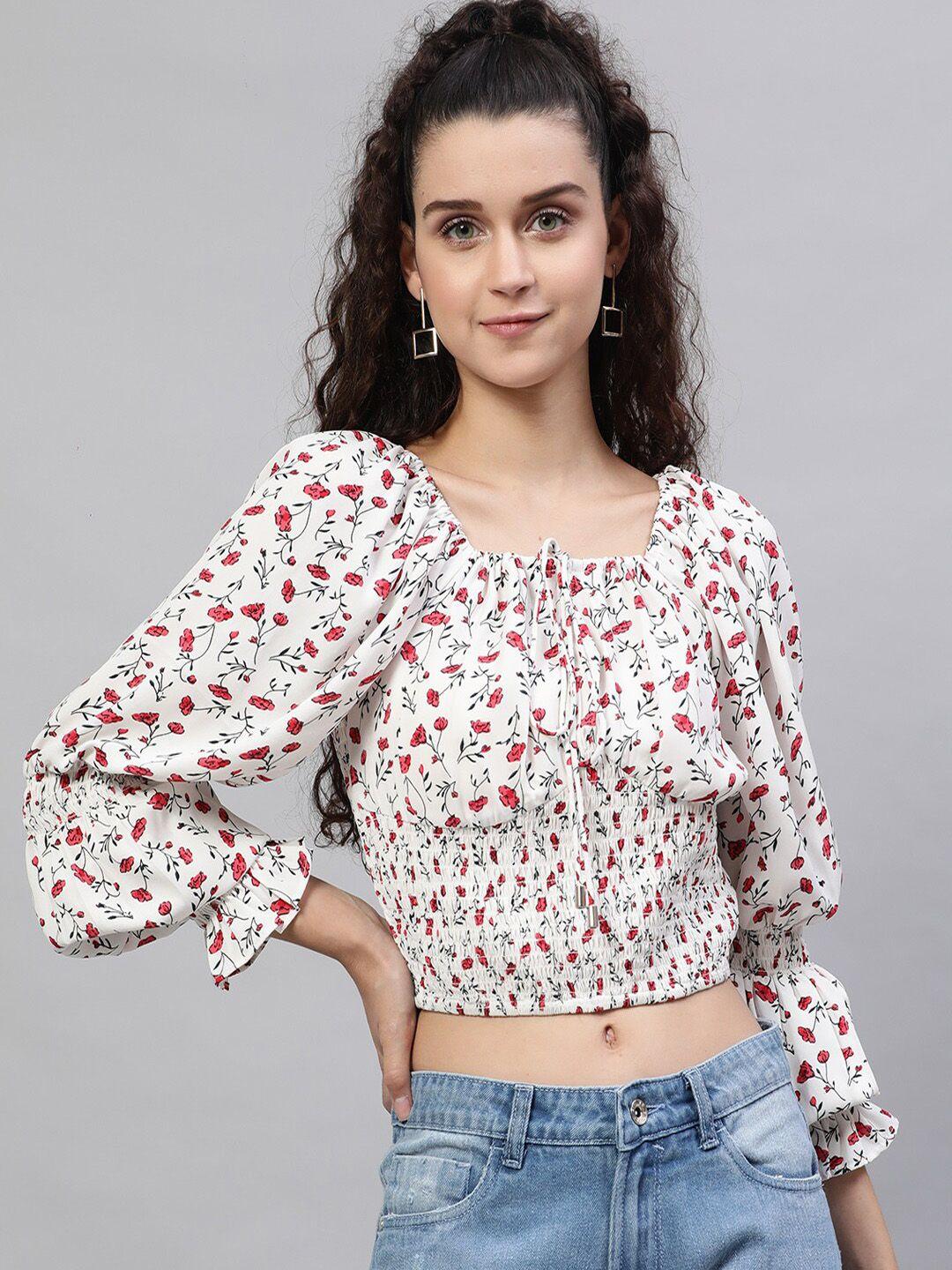 street 9 off white & red floral printed tie-up neck puff sleeves smocked blouson crop top