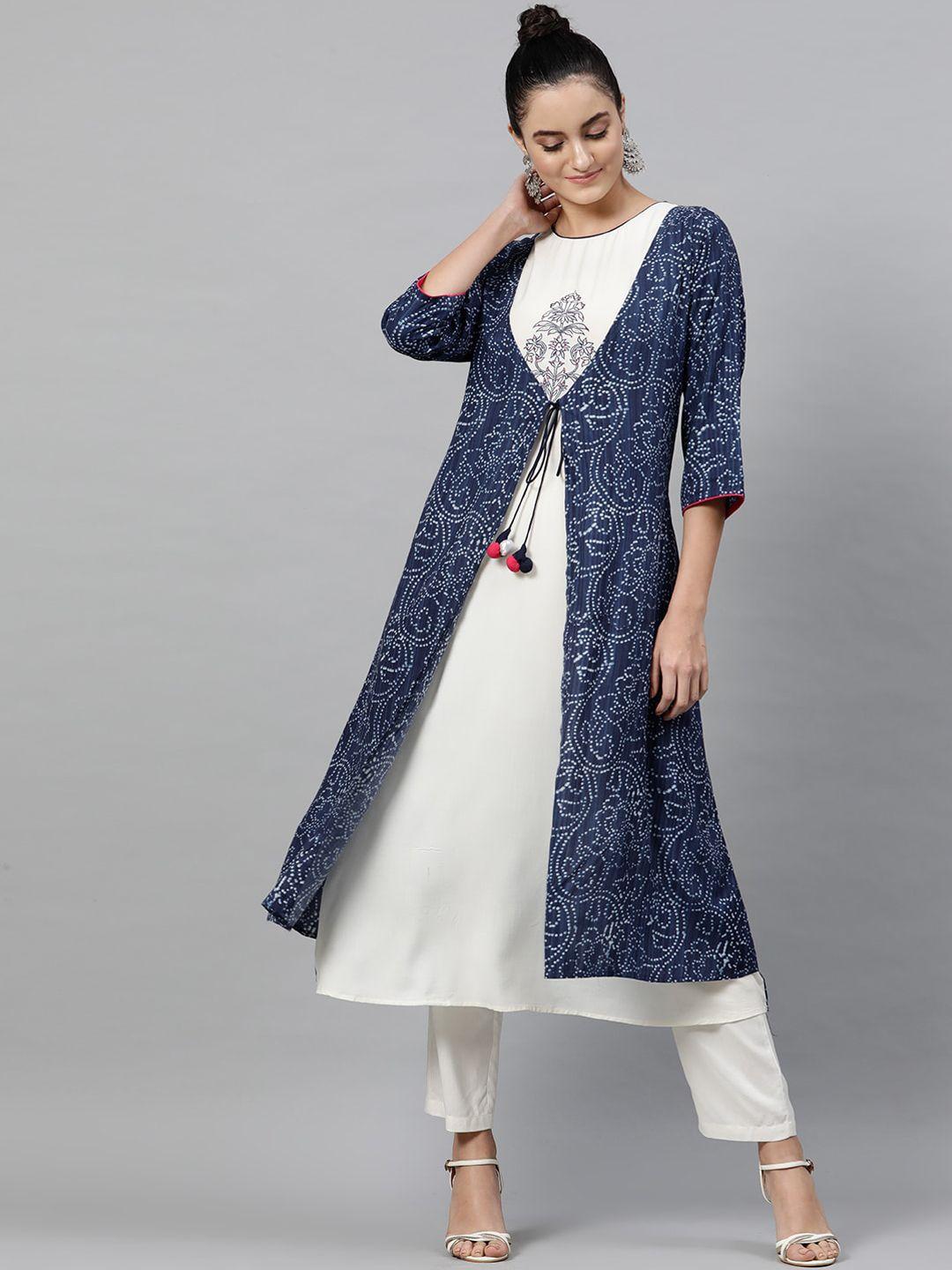 street 9 white ethnic motifs embroidered floral kurta with jacket