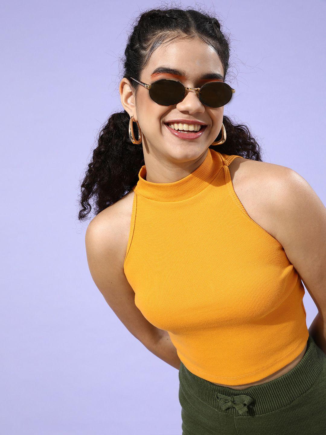 street 9 woman bright yellow solid cropped top