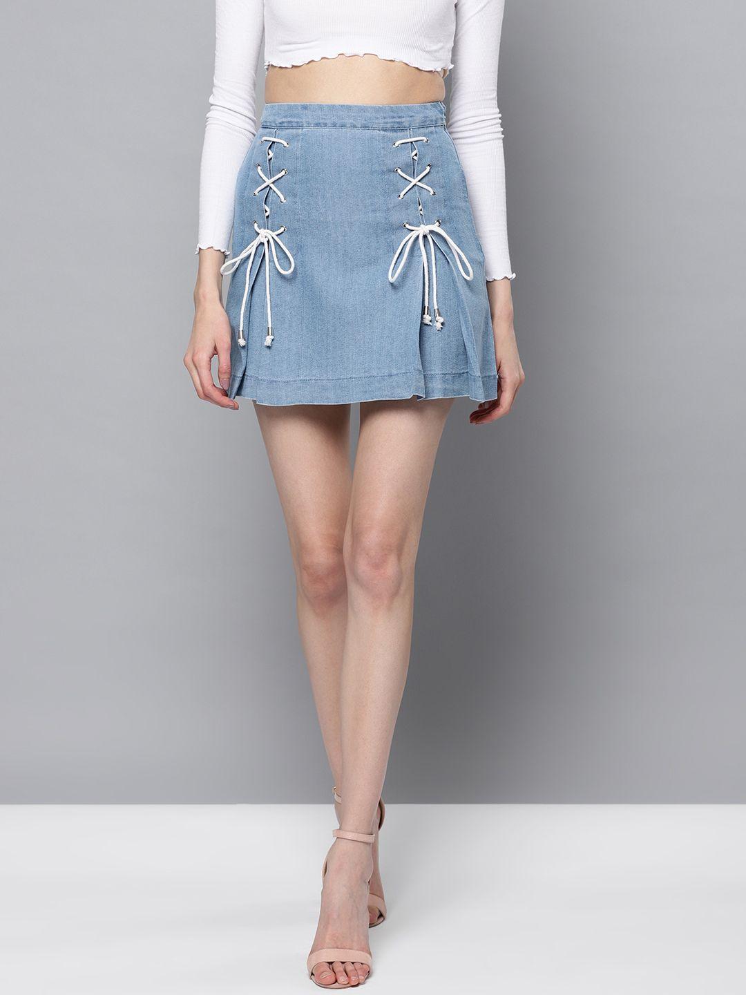 street 9 women blue solid denim pleated mini a-line pure cotton skirt