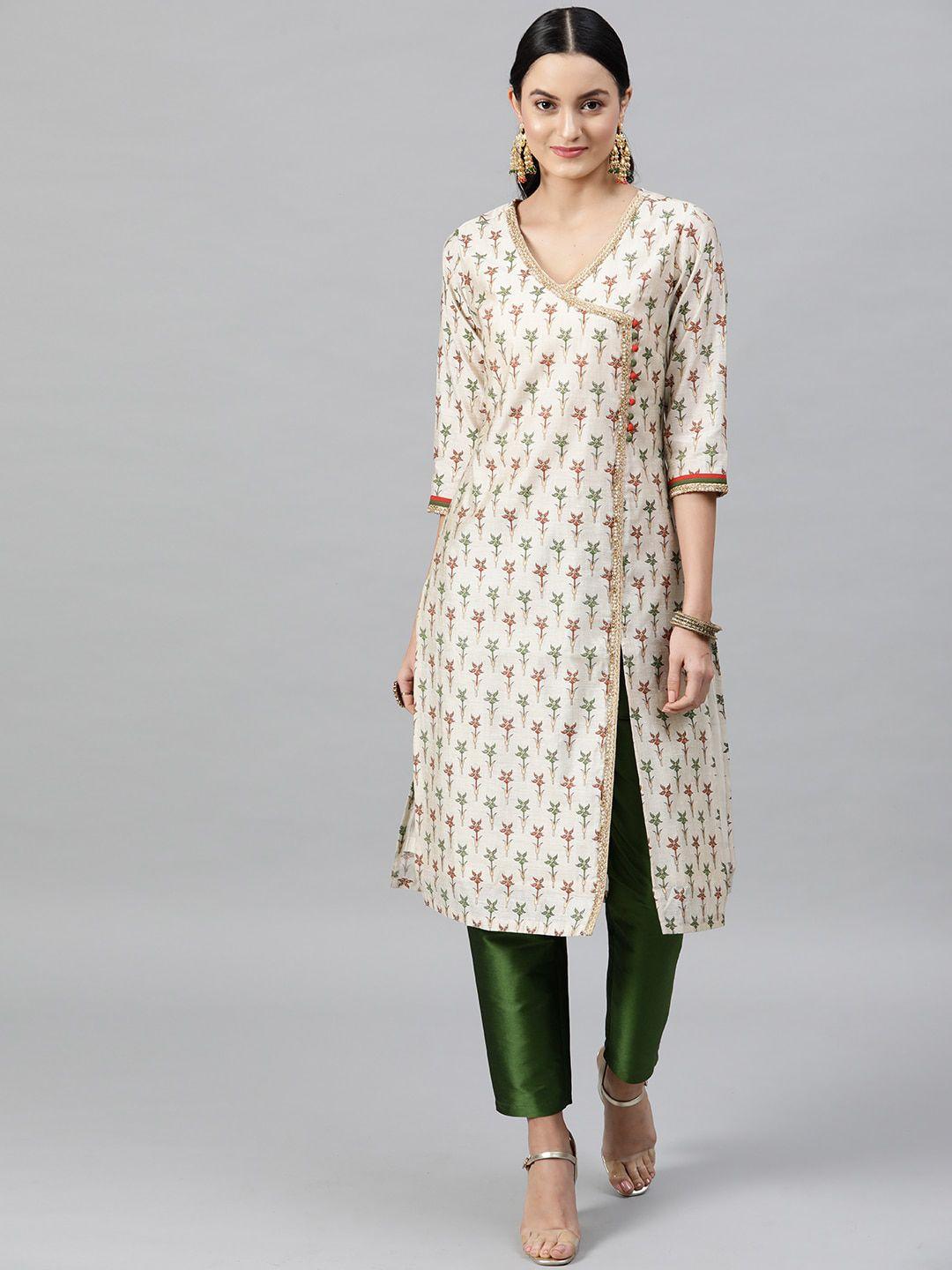 street 9 women cream-coloured & green printed kurta with trousers