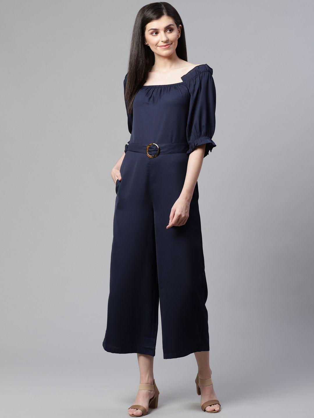 street 9 women navy blue solid cropped basic jumpsuit