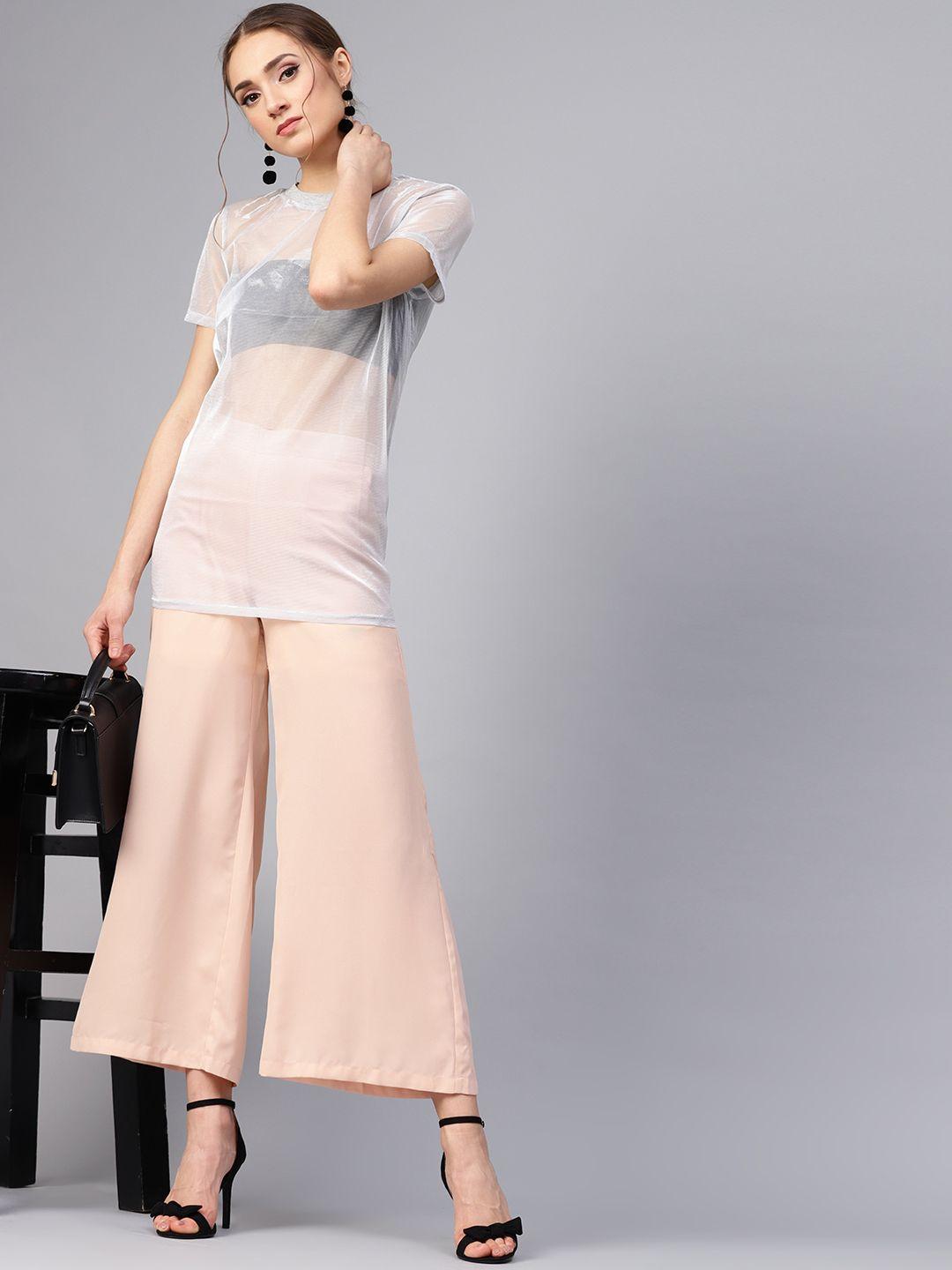 street 9 women peach-coloured regular fit solid parallel trousers