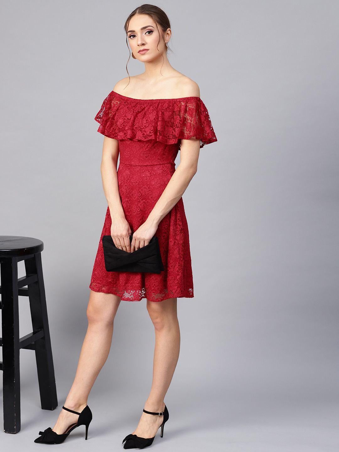 street 9 women red lace layered fit & flare dress
