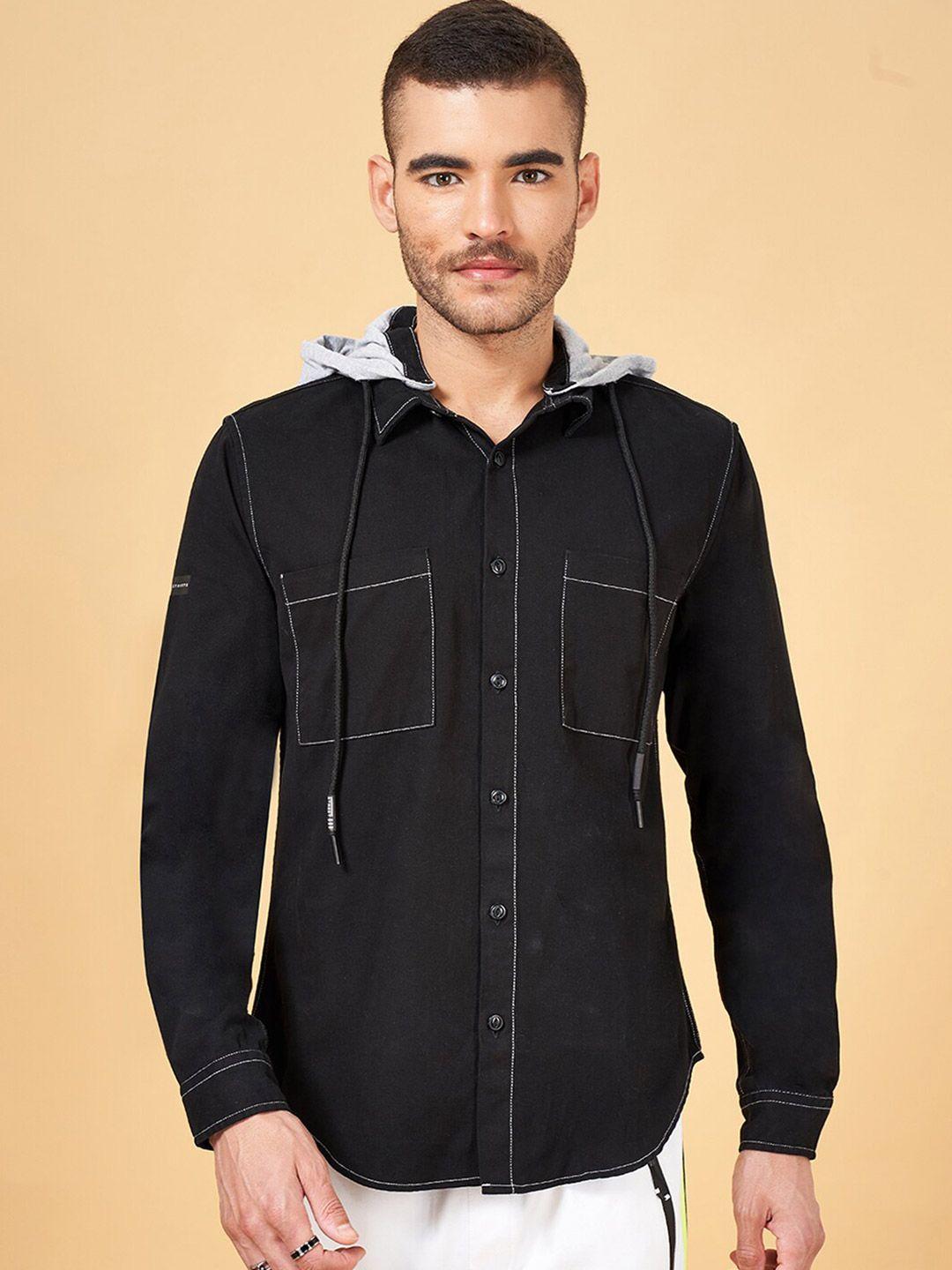 street 808 by pantaloons hooded long sleeves black cotton casual shirt