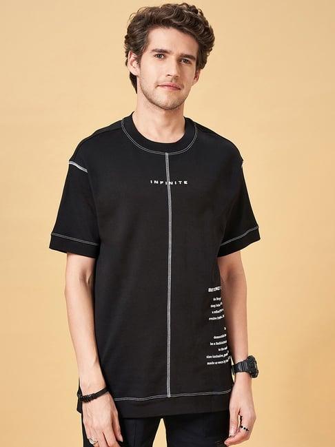 street 808 by pantaloons jet black cotton boxy fit printed t-shirt