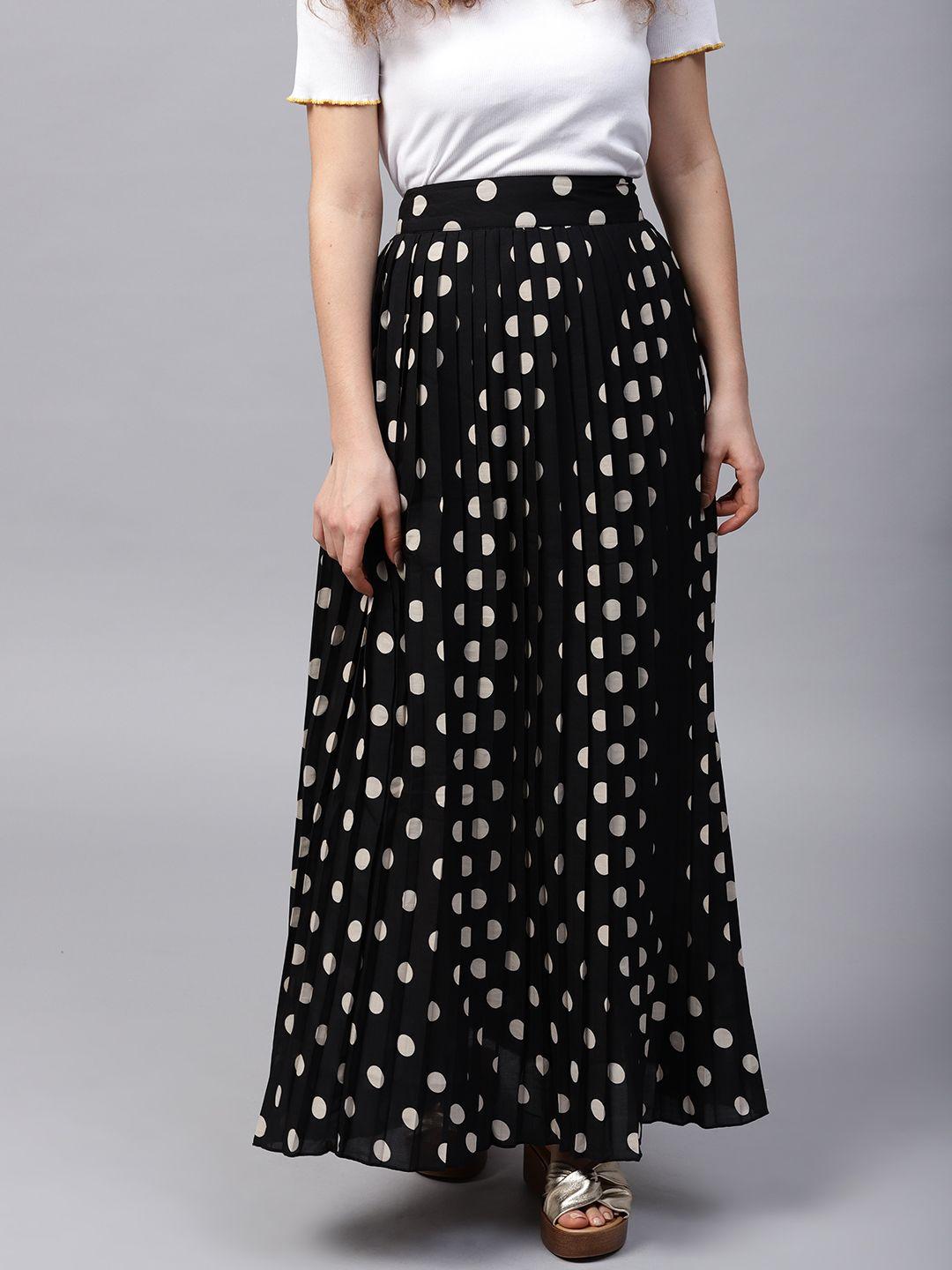 street 9 black & off-white polka dot print maxi flared skirt