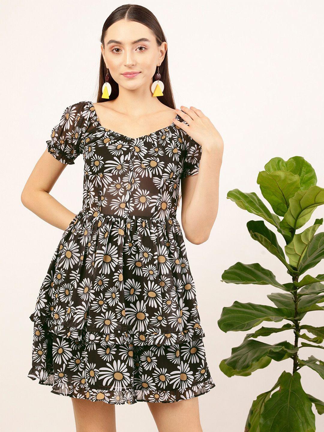 street 9 black floral print georgette fit & flare dress