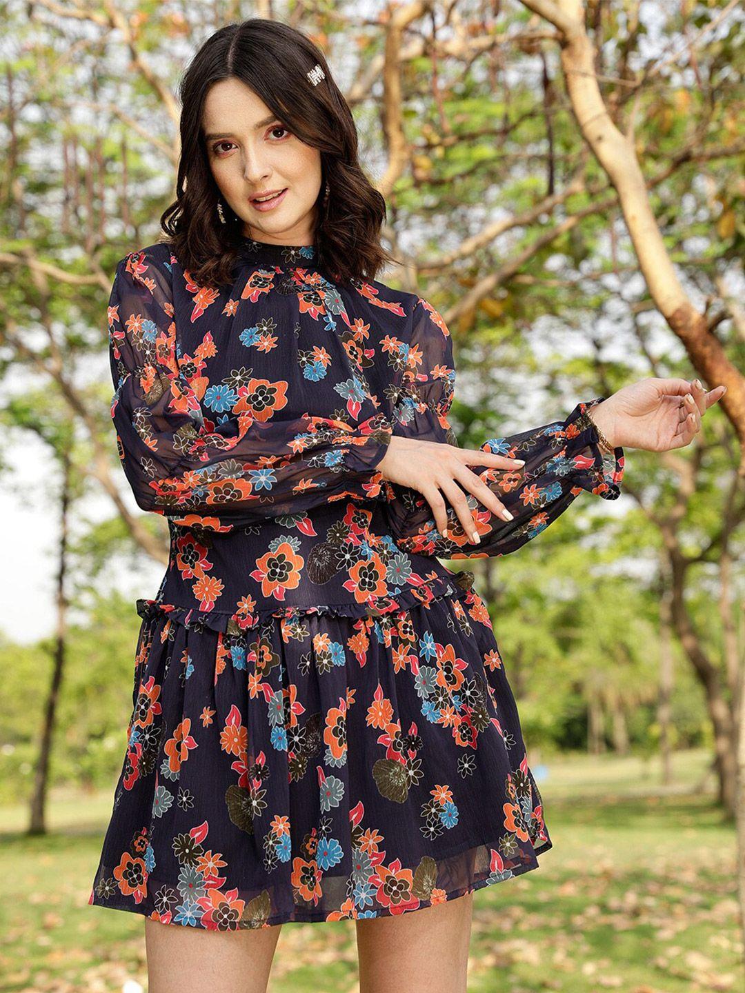 street 9 blue floral print georgette a-line dress