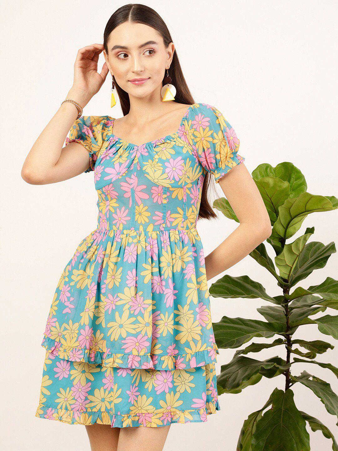 street 9 blue floral print georgette fit & flare dress