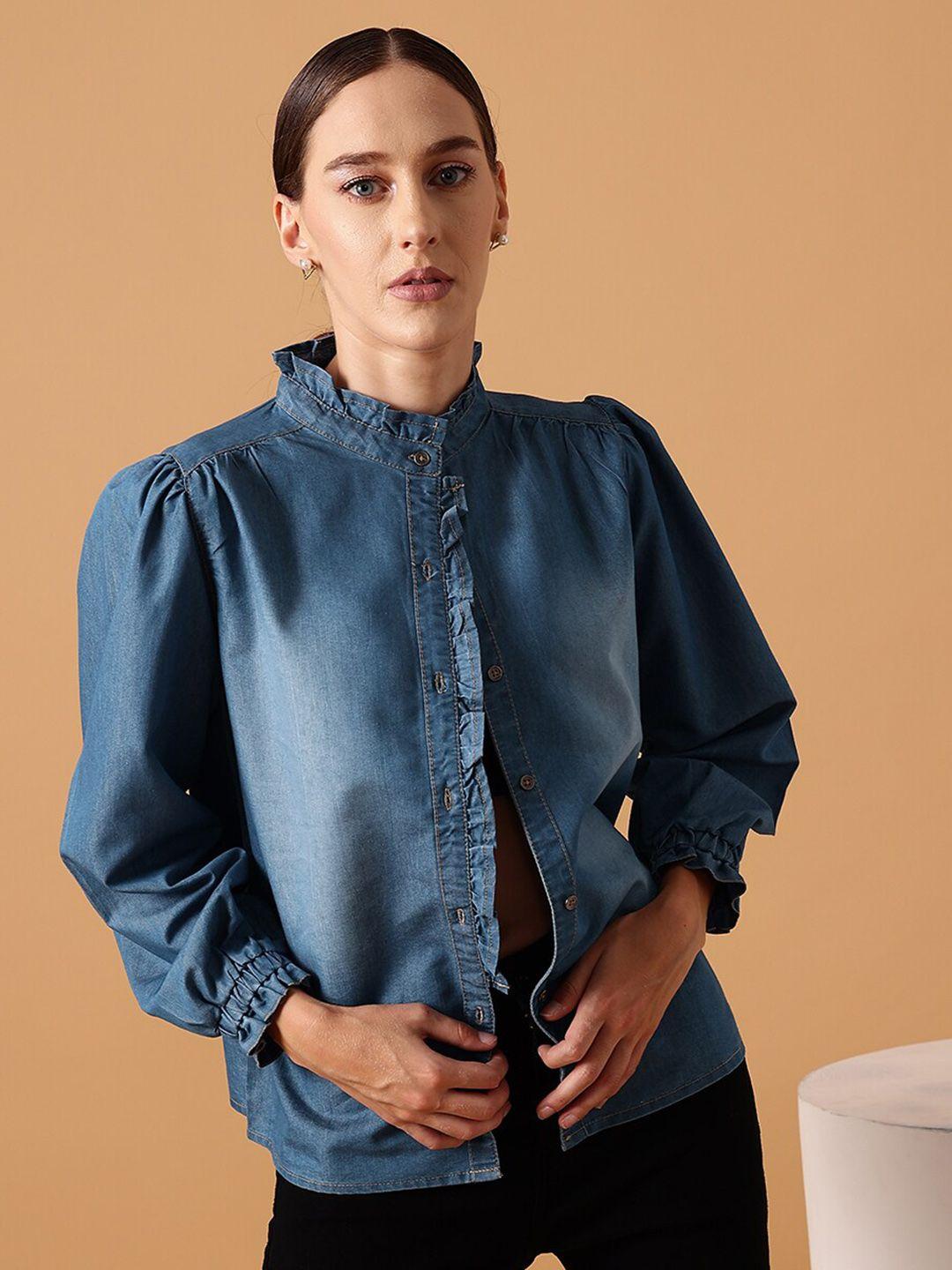 street 9 comfort mandarin collar puff sleeves denim casual shirt